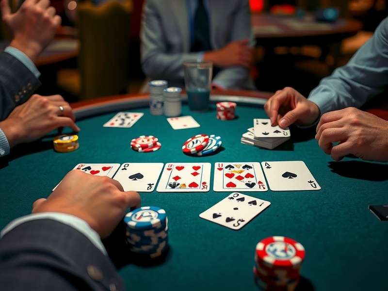 Poker game in progress with cards and chips